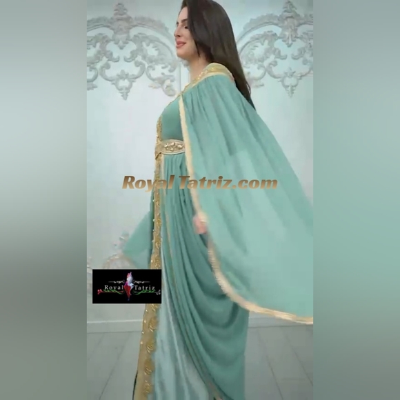 Kaftan, Royal Kaftan Fancy  Turquoise With Golden Beads Embroidery 💚 - Picture 3 of 6